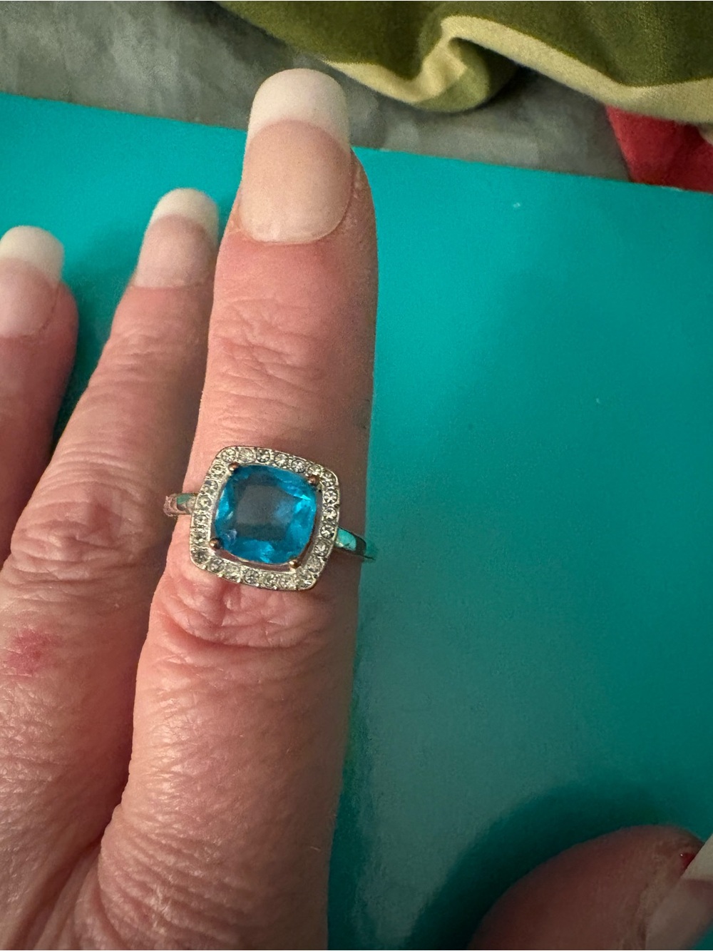 Sterling Silver Blue Cushion Halo Ring - Blue Gemstone